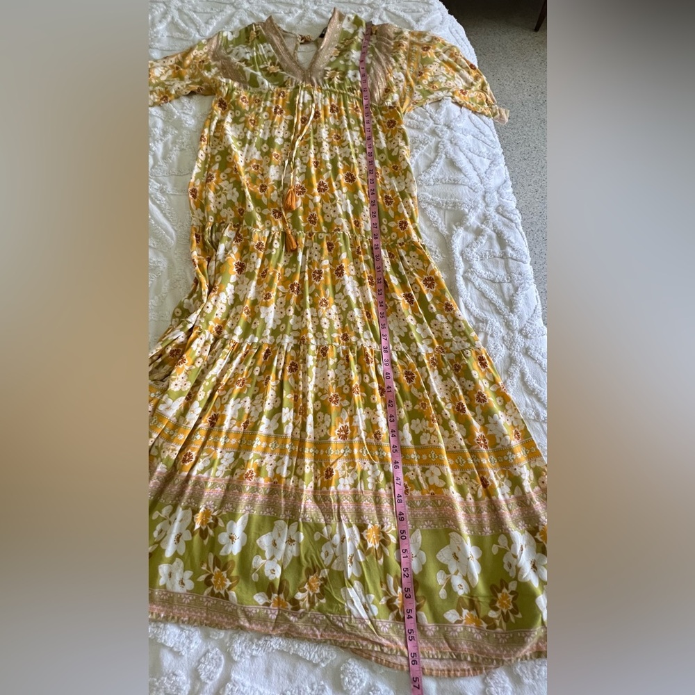 Aakaa Bohemian Floral Yellow Mixed Print Long Flowy Maxi Dress Size Small - Picture 13 of 15